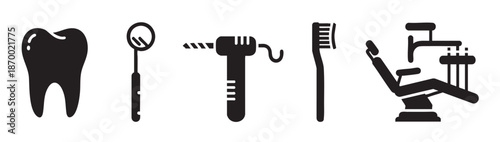 A collection of black icons represents essential dental care items including a tooth, mirror, drill, toothbrush, and dentist chair, symbolizing oral hygiene and medical treatment.