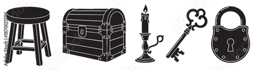 A curated collection of antique-inspired items including a treasure chest, key, lock, candle in holder, and stool, presented as black silhouettes on a white background.
