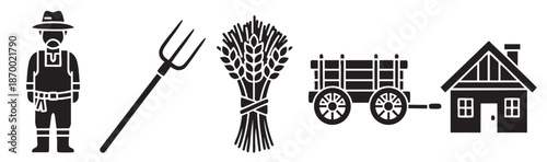 A collection of simple black glyph icons representing farming elements: a farmer, a pitchfork, a bundle of wheat, a wagon, and a house.