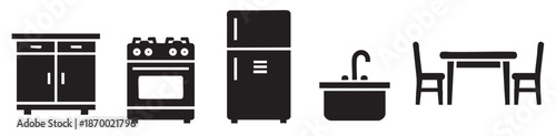 A minimalist black and white vector graphic displays essential kitchen furniture icons including a cabinet, stove, refrigerator, sink, and dining table with chairs.