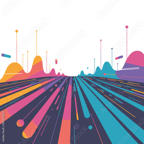 Abstract bright colorful data stream flows into the digital future road.