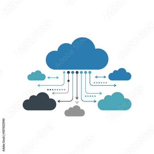 Central cloud server connects multiple smaller data storage units.
