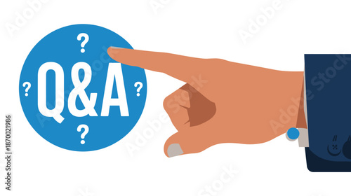 Businessman hand points toward a blue circle with Q and A symbols.