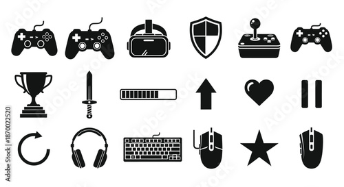 Collection of black and white flat icons representing various essential video game elements and accessories