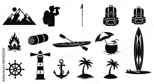 Collection of black and white vector icons representing various outdoor adventure and vacation activities