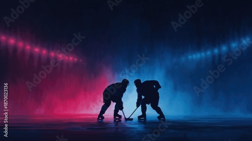Stylized silhouette illustration of two ice hockey players facing off on ice rink with dramatic red and blue neon lighting