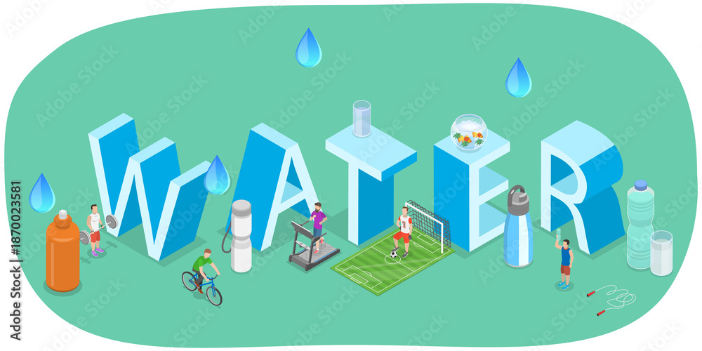 Fototapeta premium 3D Isometric Flat Illustration of Drink More Water, Characters Stay Hydrated