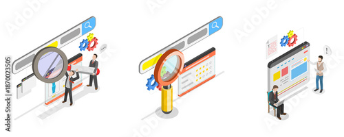 Photography 3D Isometric Flat  Illustration of SEO Analysis, Keyword Research and Optimizati