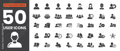 Filled User Icons Set Including Profile, Avatar, Account, Contact, Team, Member, Login, Registration, Identity, Person, Editable Vector File for UI and Web Design