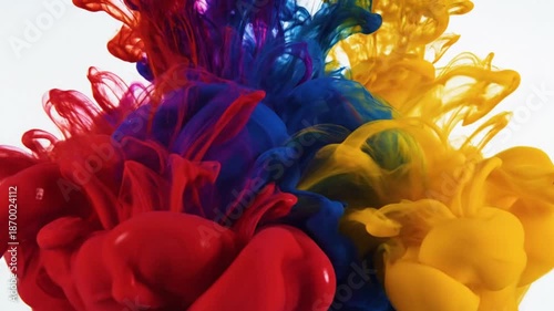 Vibrant ink clouds of red, blue, and yellow dissolving in water, abstract motion.