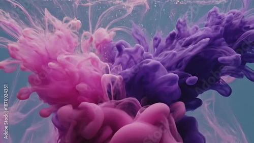 Vibrant Pink and Purple Ink Clouds Swirling in Water - Abstract Fluid Motion