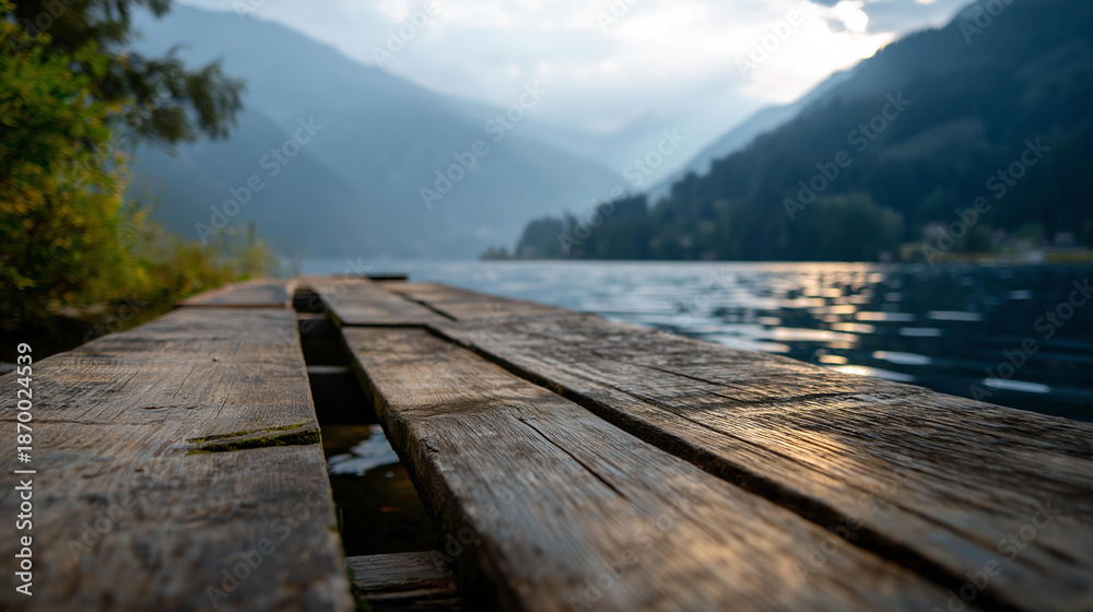 Obraz premium Rustic wooden pier stretching into calm lake with towering misty mountains background, soft muted sky, tranquil lakeside scene, peaceful water setting, with copy space