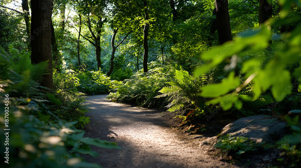 Fototapeta premium Serene pathway winding through lush green forest bathed in sunlight, vibrant foliage and inviting tranquility, peaceful woodland trail, with copy space