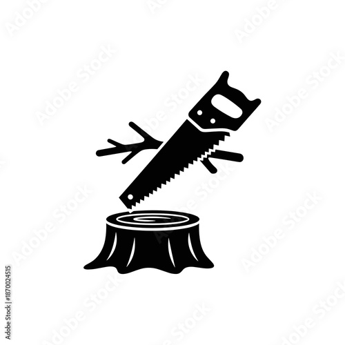 Silhouette icon of hand saw cutting tree stump and dead branches – pruning and removal concept