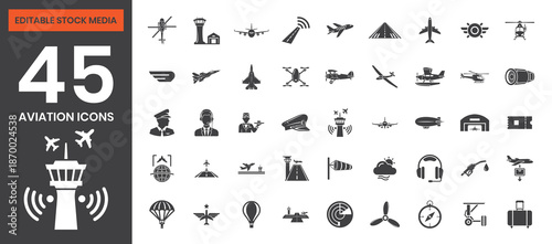 Filled Aviation Icons Set Including Airplane, Helicopter, Jet, Drone, Airport, Runway, Pilot, Luggage, Passport, Travel, Navigation, Editable Vector File for Aviation and Airline Design Projects
