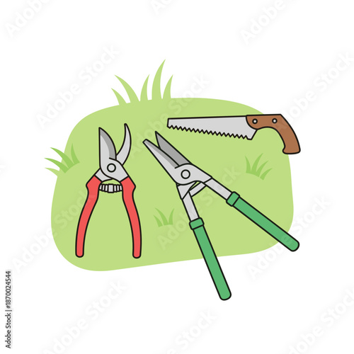 Pruning shears loppers and saw on grass illustration for cherry tree maintenance and gardening visuals