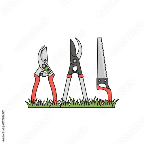 Set of colorful pruning tools including shears and saw on grass for cherry tree care illustrations