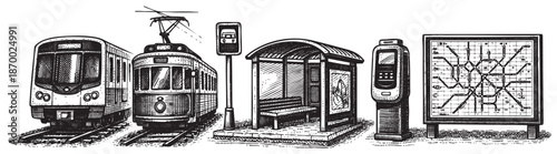 A black and white illustration depicts a modern train, an older tram, a bus stop, ticket machine, and transit map, representing urban public transportation options.