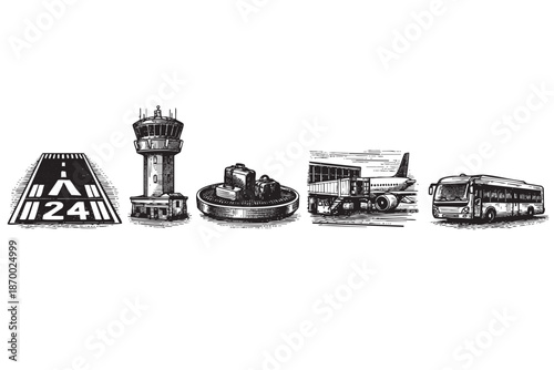 A black and white vector illustration depicts essential airport elements including a runway, control tower, baggage carousel, jet bridge with airplane, and bus, offering a comprehensive visual of air 