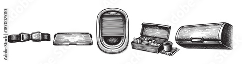 A collection of vintage lunch boxes, a thermos, and a cup are depicted in a detailed black and white illustration, evoking a sense of nostalgia and simple meals.
