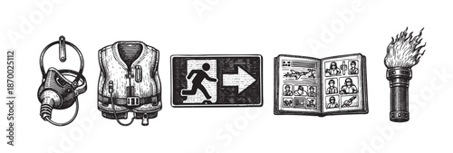 A set of vintage, hand-drawn illustrations featuring survival gear like a gas mask, life vest, exit sign, and torch, along with a notebook of people and objects, set against a white background.
