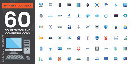 Colored Computing and Technology Icons Set Including Laptop, Smartphone, Cloud, Server, Cybersecurity, Internet, Tech Gadgets, Editable Vector File for Web and App Design