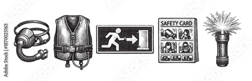 A vintage-style line art illustration featuring essential safety equipment including a respirator mask, life vest, exit sign, safety card, and flashlight, presented on a clean white background.