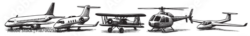 A collection of diverse aircraft, including jets, biplanes, and helicopters, rendered in a classic black and white sketch style, ideal for aviation themes.