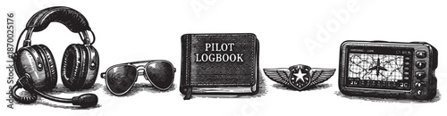 This vintage illustration showcases a pilot's essentials, including headphones, aviator sunglasses, a logbook, wings emblem, and a navigation screen.