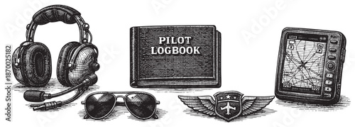A classic engraved illustration showcases essential pilot gear including headphones, sunglasses, a logbook, wings badge, and a GPS device, perfect for aviation themes and retro designs.