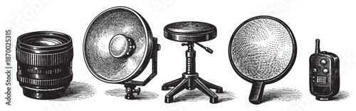 A retro ink drawing depicts photography studio essentials including a lens, flash, stool, reflector, and remote trigger, suggesting creative history or classic style.