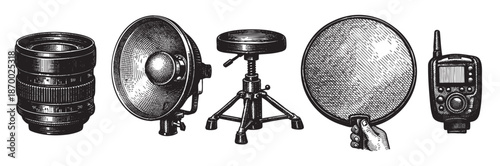 A hand-drawn illustration showcasing classic photography gear including a lens, light, stool, diffuser, and radio trigger in black and white.