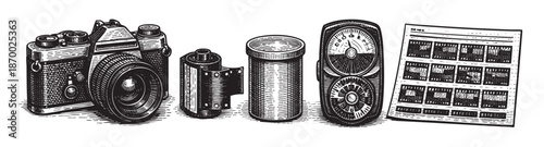 A black and white woodcut style illustration of vintage photography equipment including a camera, film rolls, light meter, and contact sheets on a white background.