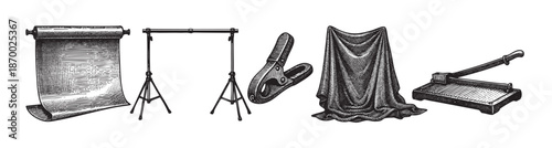 A detailed, vintage-style illustration of essential photography studio equipment including a backdrop, lighting stand, clamp, fabric drape, and paper cutter, presented on a clean white background.