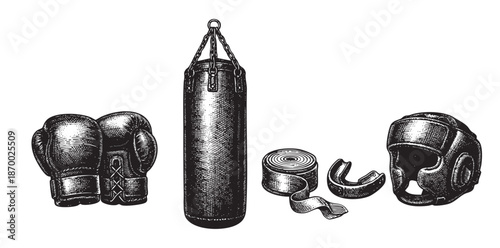 A vintage black and white illustration depicts essential boxing gear, including gloves, a punching bag, hand wraps, a mouthguard, and a headguard, arranged against a white background.