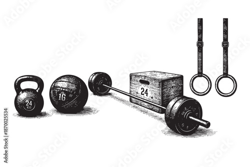 A detailed, black and white illustration of various gym equipment including a kettlebell, medicine ball, barbell, weight plates, plyo box, and gymnastic rings.