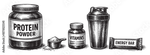 A vintage illustration depicts a collection of fitness supplements including a protein powder jar, scoop with powder, vitamin bottle, shaker cup, and energy bar on a white background.