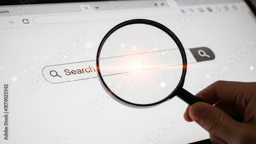 Photos Magnifying glass held over a search bar on a digital screen