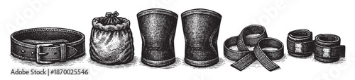 This vintage woodcut illustration features a collection of medical supplies including a leather belt, a drawstring bag, two knee bandages, and several wrist wraps laid out on a textured surface.