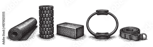 A collection of five engraved objects, including a rolled mat, a textured roller, a stacked cube, and two circular bands, all rendered in a classic black and white etching style.