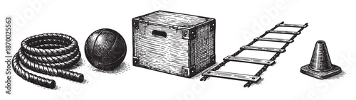 A collection of sketch-style training equipment including a coiled rope, a ball, a plyometric box, an agility ladder, and a cone, isolated on white background.