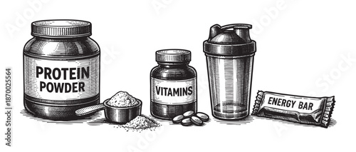 Vintage black and white illustration depicting protein powder, vitamins, and an energy bar, ideal for health and fitness content.