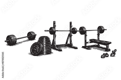 Black and white illustration of a weightlifting setup featuring a barbell on a squat rack, weight plates stacked, and a bench, perfect for fitness and strength training concepts.