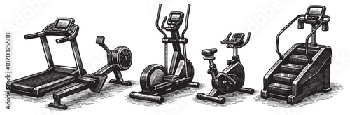A black and white line drawing illustrates a collection of five common gym machines, including a treadmill, rowing machine, elliptical, stationary bike, and stair climber, isolated on a white backgrou