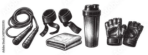 A collection of vintage-style fitness equipment including a jump rope, wrist wraps, towel, shaker bottle, and gloves, rendered in a striking black and white illustration.