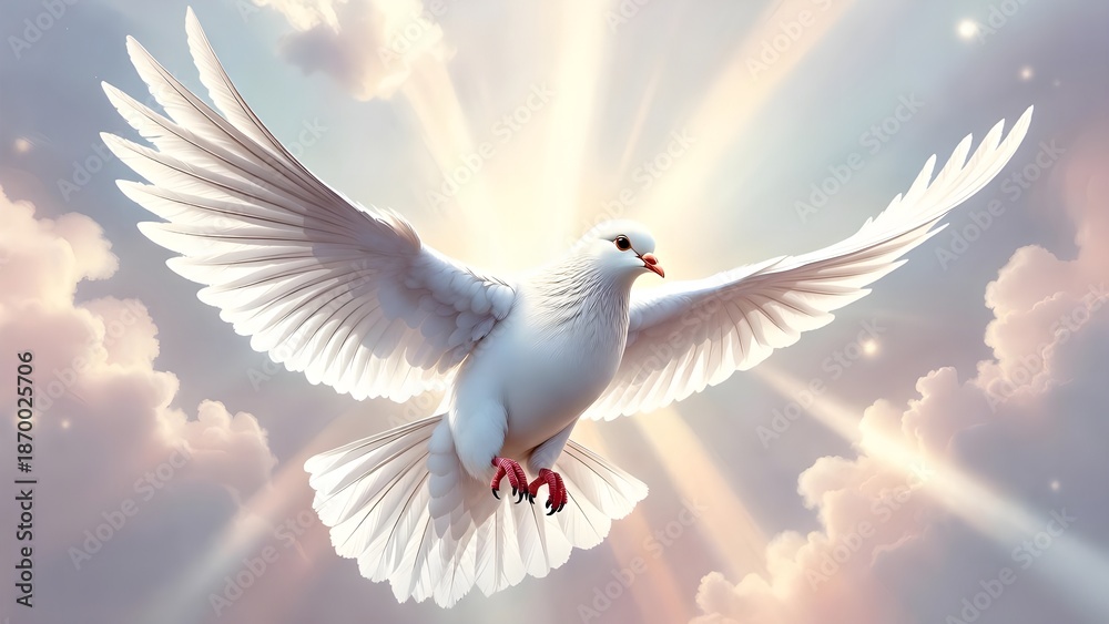 Obraz premium White Dove Flying in Sky with Golden Sunlight and Clouds, Symbol of Peace and Hope