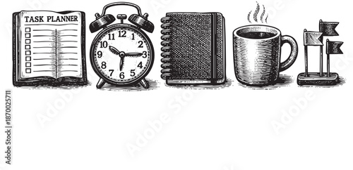 A black and white sketch illustrates a task planner, alarm clock, notebook, coffee cup, and miniature flags symbolizing business goals and productivity.