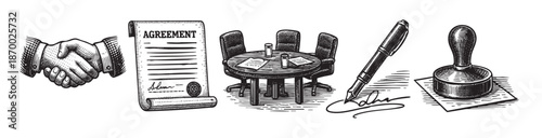 A collection of line art icons depicting business agreement elements including a handshake, signed contract, boardroom table, pen, and stamp, symbolizing legal deals and professional collaboration.