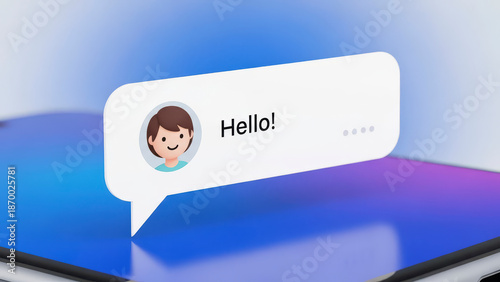 Digital chat bubble with 'Hello!' message and avatar on phone screen.