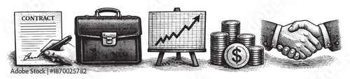 A detailed illustration depicting business success with elements like a contract, briefcase, financial chart, coins, and a handshake, representing growth and agreement.